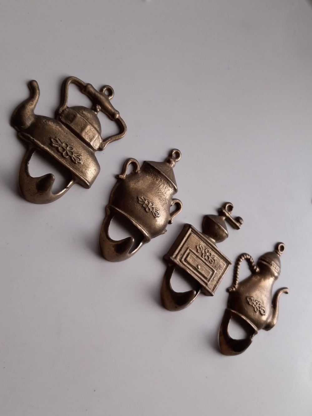 Vintage Brass Teapot & Kettle Kitchen Hooks - Set of 4